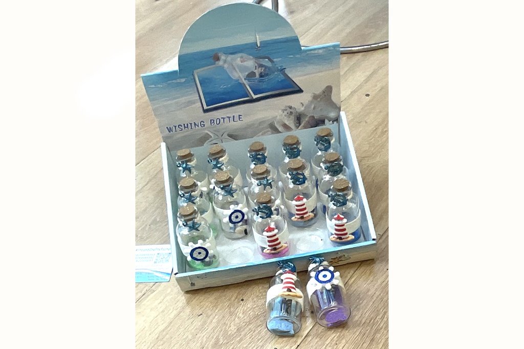 BOTTIGLIETTE VETRO C/INSERTO RESINA FARO/TIMONE E SABBIA CONF. 15PZ  3.20*6.50 CM