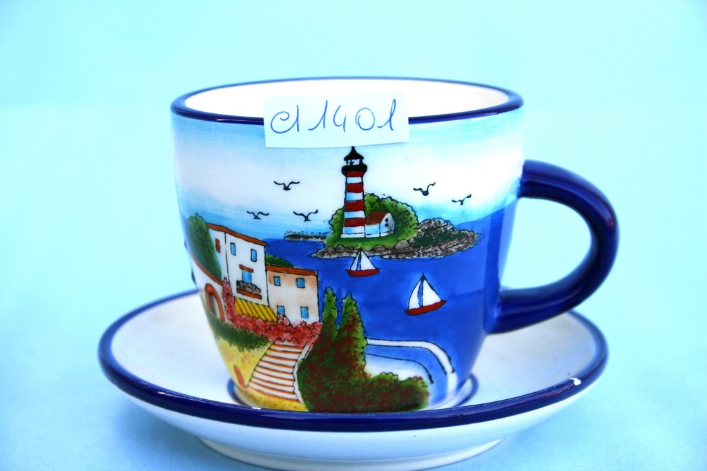 TAZZA C/PIATTINO CERAMICA c/DEC. CASE E FARO 