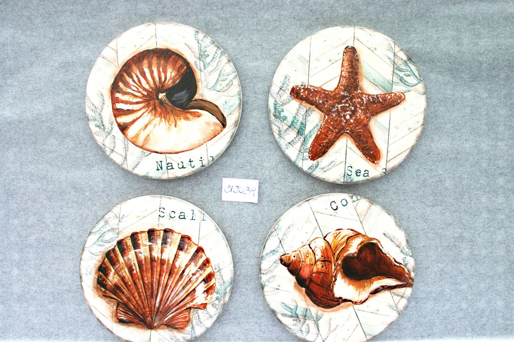 SOTTOBICC. LEGNO-CER. DIAM 10.8 CONCH COL SET 4 PZ TONDO - 4 MOD ASS