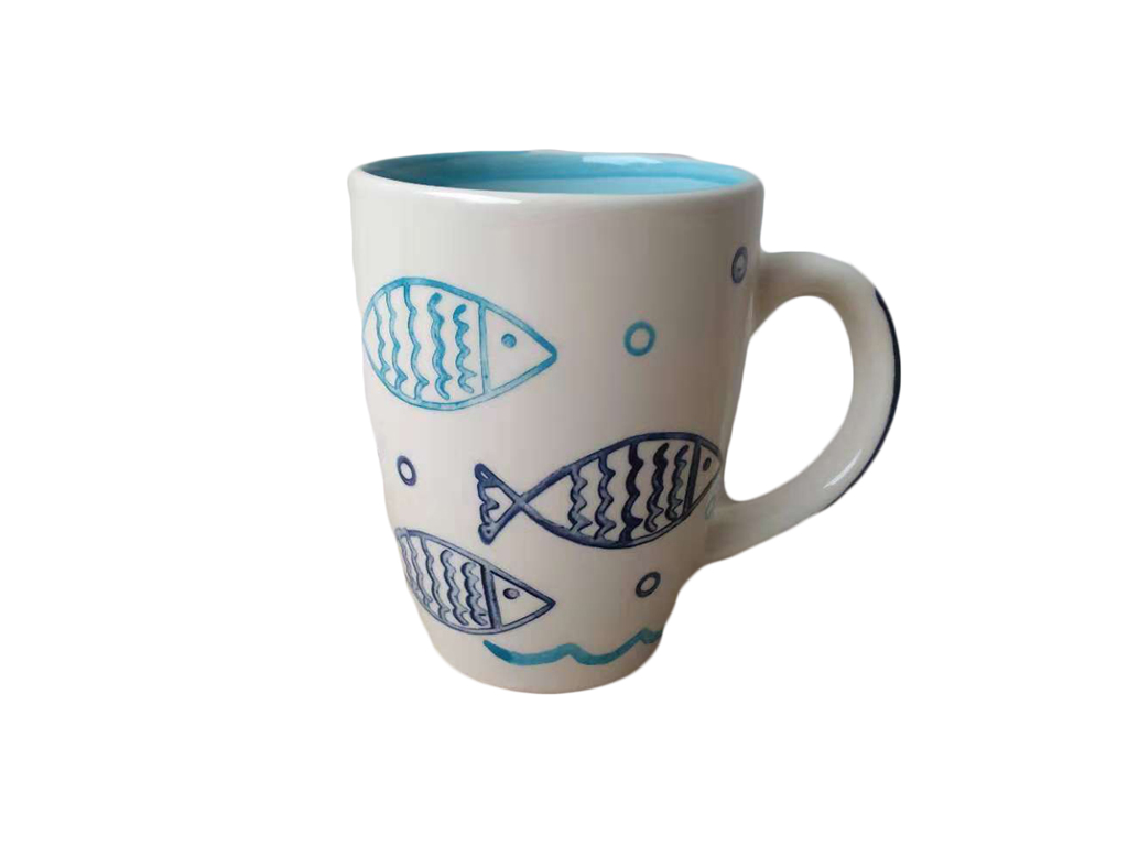 TAZZA CERAMICA BIANCA E BLU PESCE 