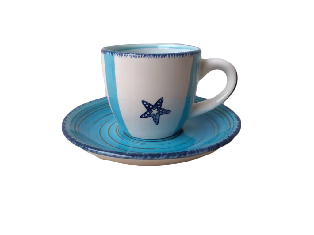 TAZZA CERAMICA C/PIATTINO BIANCA BLU STELLA 