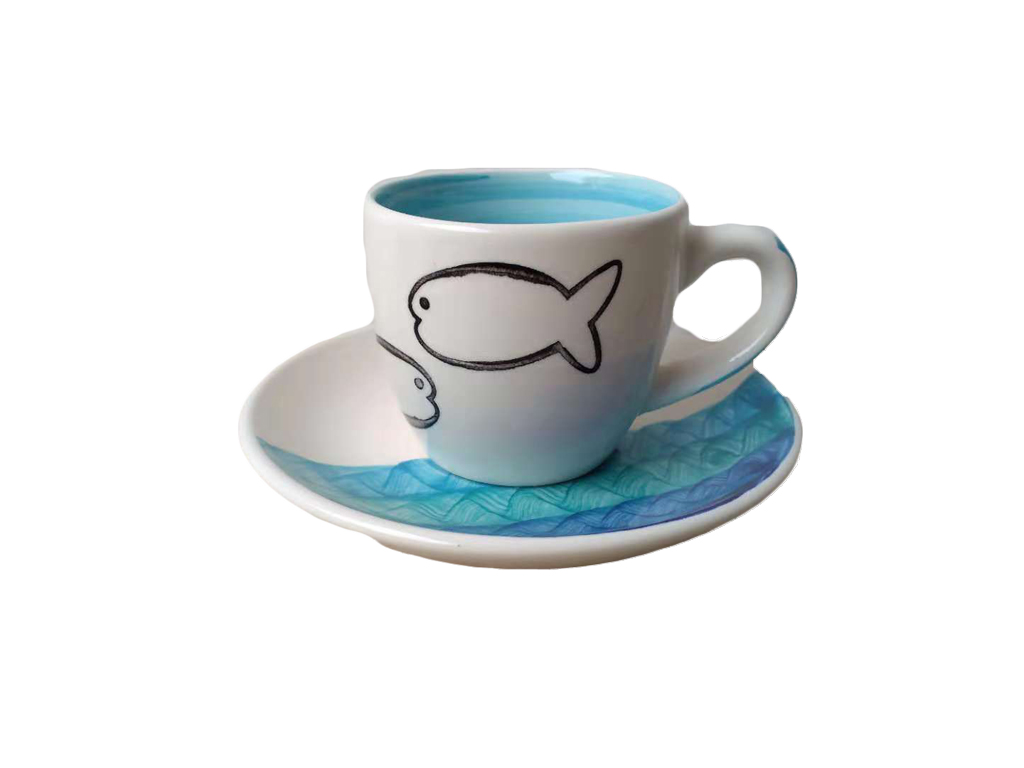 TAZZA CERAMICA C/PIATTINO BIANCA BLU ONDA 