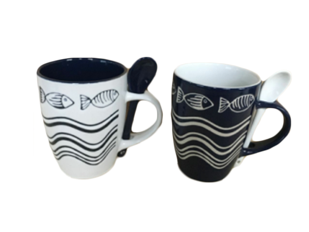 TAZZA CERAMICA onde pesci H 10,5 CM 