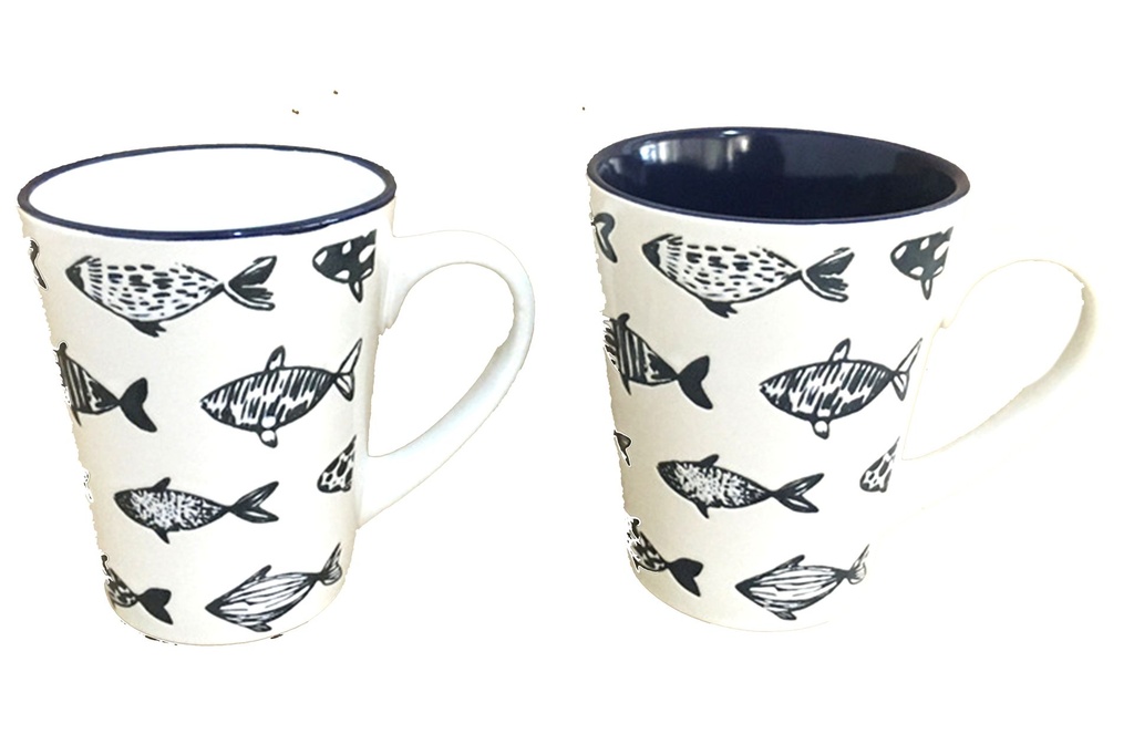 TAZZA CERAMICA BIANCA E BLU PESCI 2 MOD 