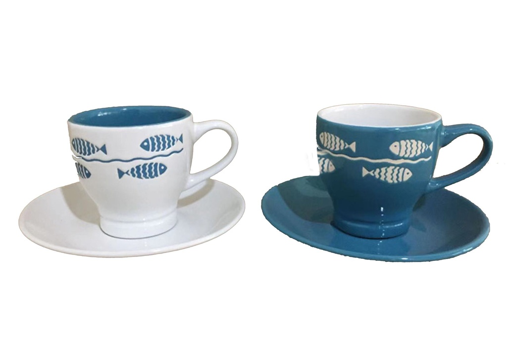 TAZZINA CERAMICA BIANCA E AZZURRA C/PIATTINO 2 MOD 