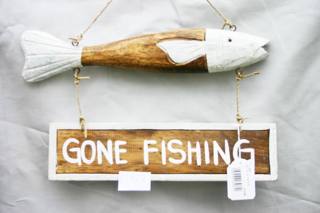 TARGA LEGNO PESCE "GONE FISHING" BIANCO SLAVATO 