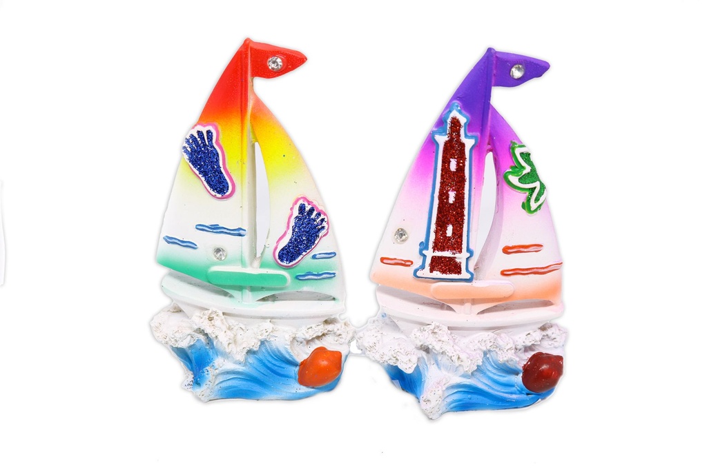 BARCA RESINA COLORI VIVACI 2 VEDUTE MARINE H 11 CM