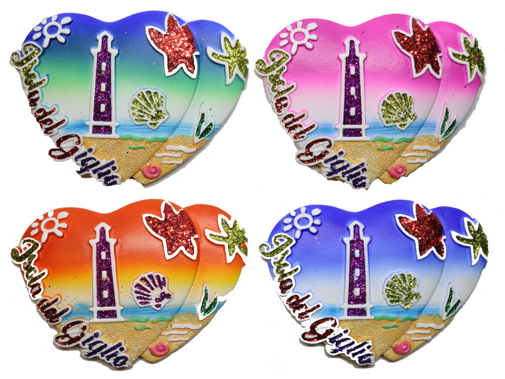 MAGNETE RES DOPPIO CUORE FARO GLITTER ISOLA GIGLIO 