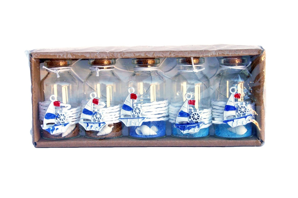 SET BOTTIGLE VETRO C/SABBIA E CONCH E RESINA 5pz/cf