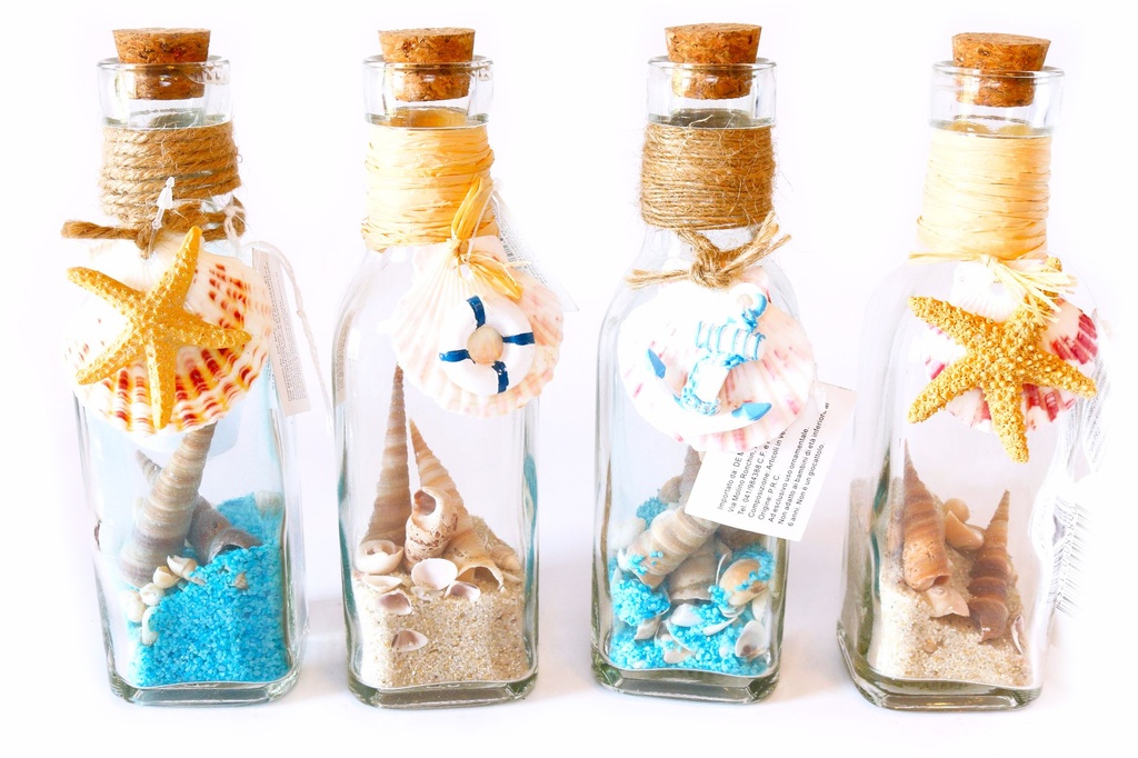 BOTTIGLIE VETRO+SABBIA DECORI MARINI E CONC CM 16 4 MOD ASS