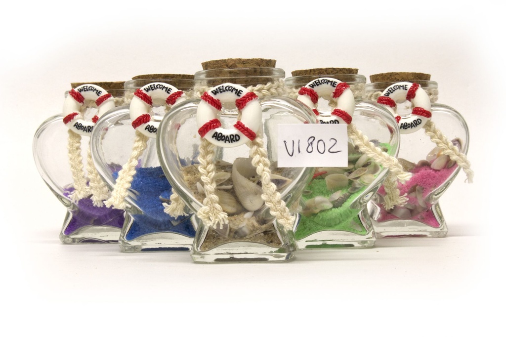 BOTTIGLIETTA VETRO H8*4 CM CUORE C/SABBIA+CONCH 