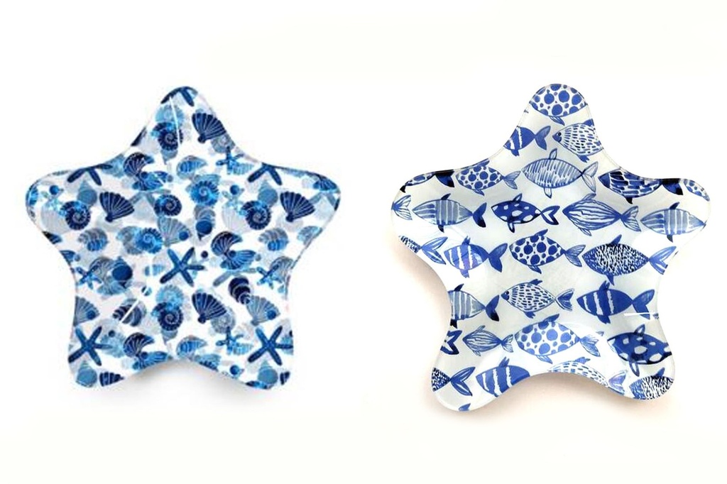 PIATTO VETRO STELLA PESCI BLU 