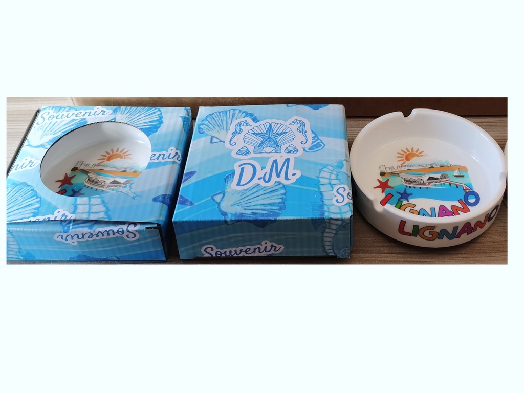 POSACENERE CERAMICA BORDO DORATO CON DECALCO LIGNANO E SCATOLA