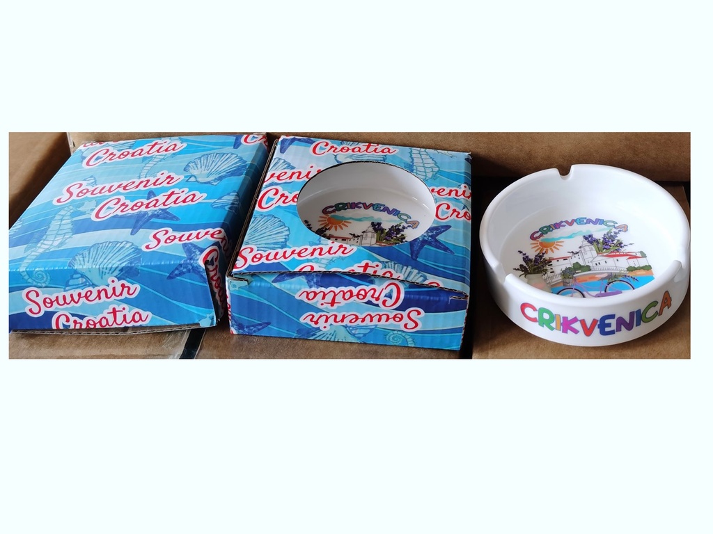 POSACENERE CERAMICA BORDO DORATO CON DECALCO CRIKVENICA E SCATOLA