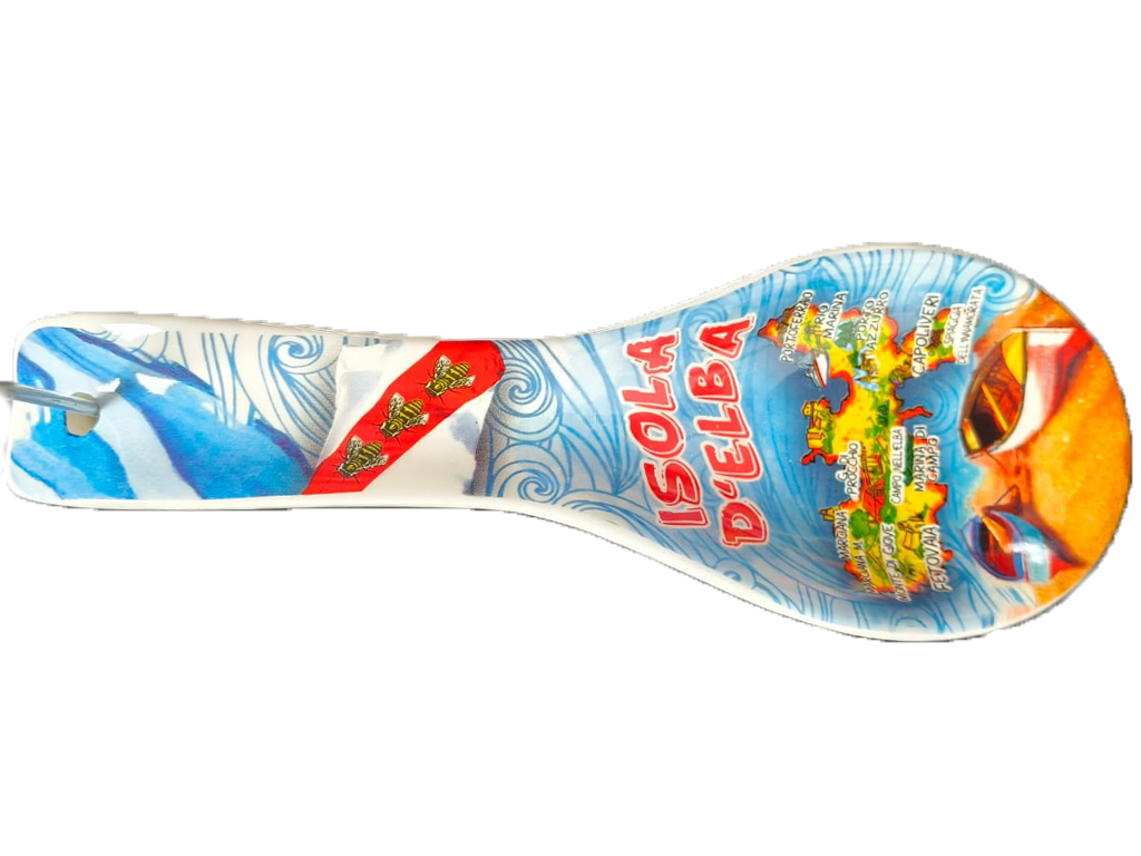 POGGIAMESTOLO CERAMICA 26CM CON DECALCO ISOLA D'ELBA MAPPA E BOX CON FINESTRA