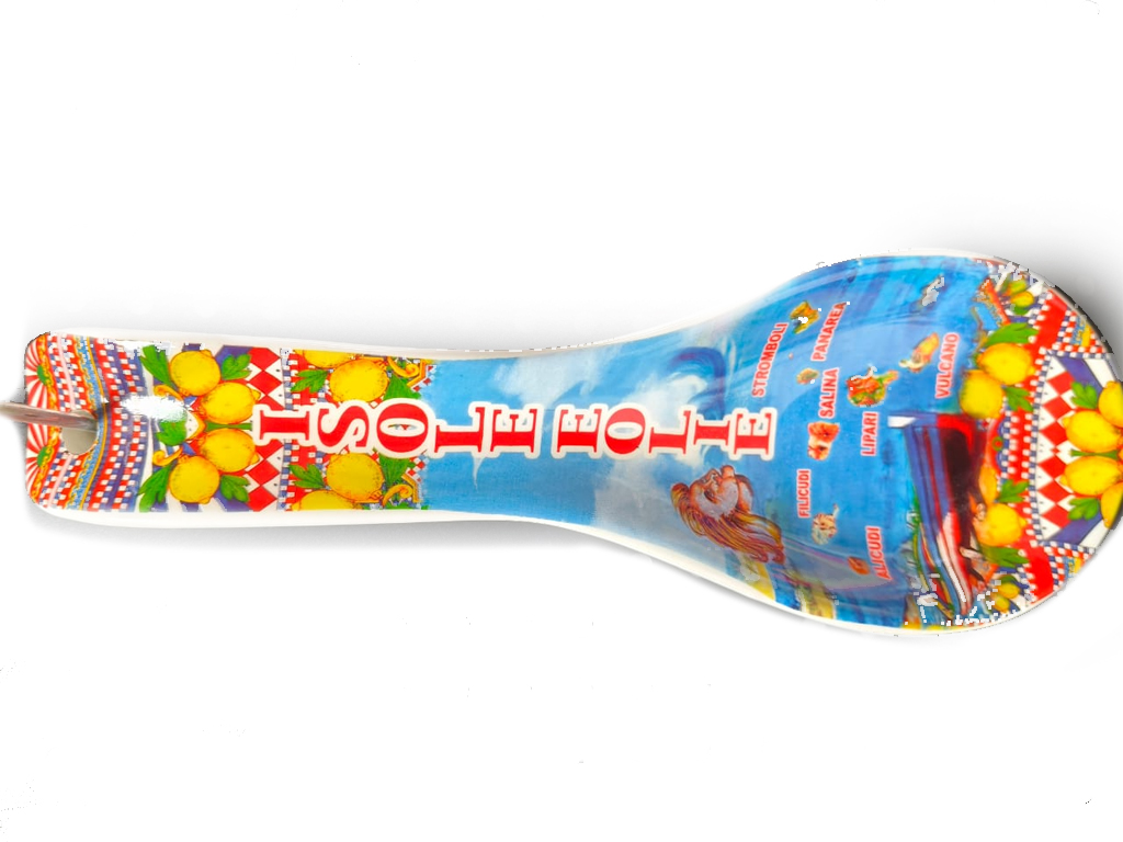 POGGIAMESTOLO CERAMICA 26CM CON DECALCO ISOLE EOLIE E BOX CON FINESTRA