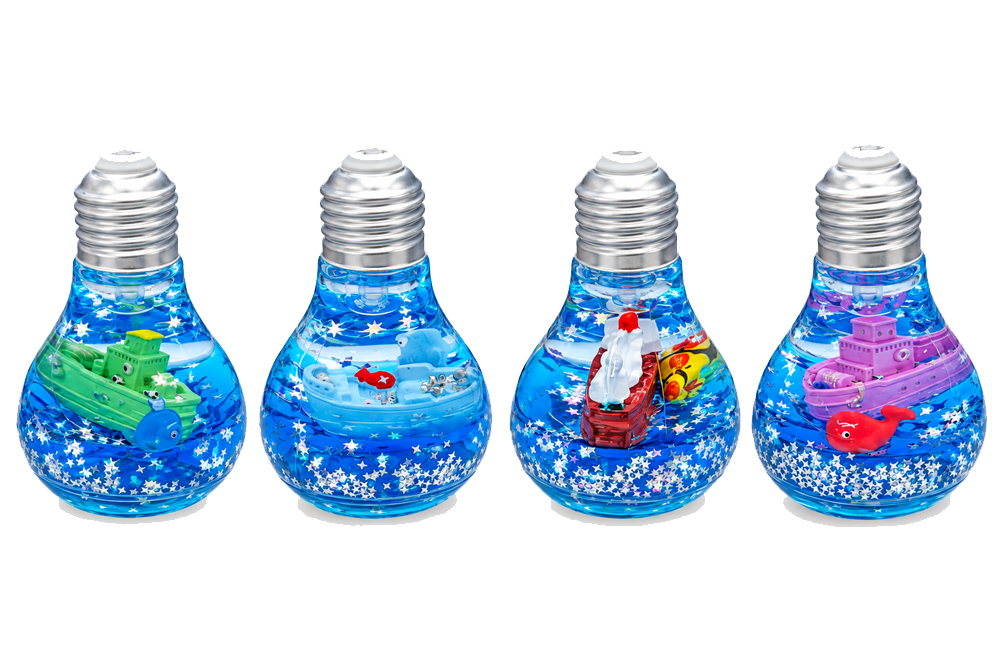 BOLLE LAMPADINA ACRILICO CON ACQUA 6 MOD ASS 6.5*10 CM